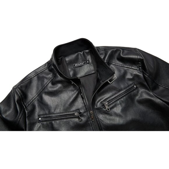 Brand New Men's Black 0072 Faux  Leather Stand Collar Biker Moto Jacket Coat - Picture 5 of 6